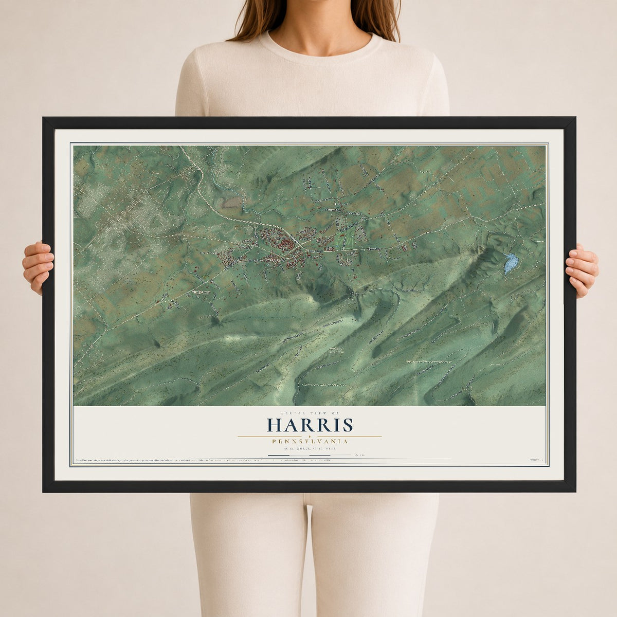 Map of Harris, Pennsylvania, 24 x 36 inch print in a black wood frame