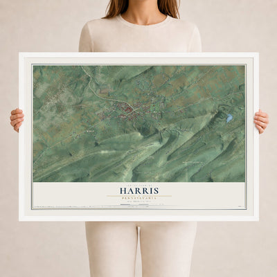 Map of Harris, Pennsylvania, 24 x 36 inch print in a white wood frame