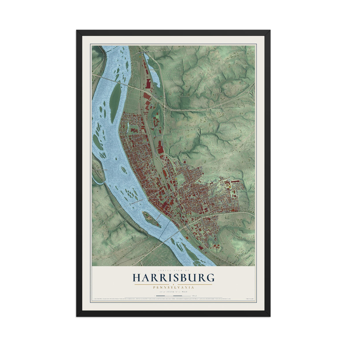 Map of Harrisburg, Pennsylvania, 12 x 18 inch print in a black wood frame