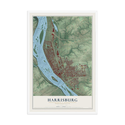Map of Harrisburg, Pennsylvania, 12 x 18 inch print in a white wood frame