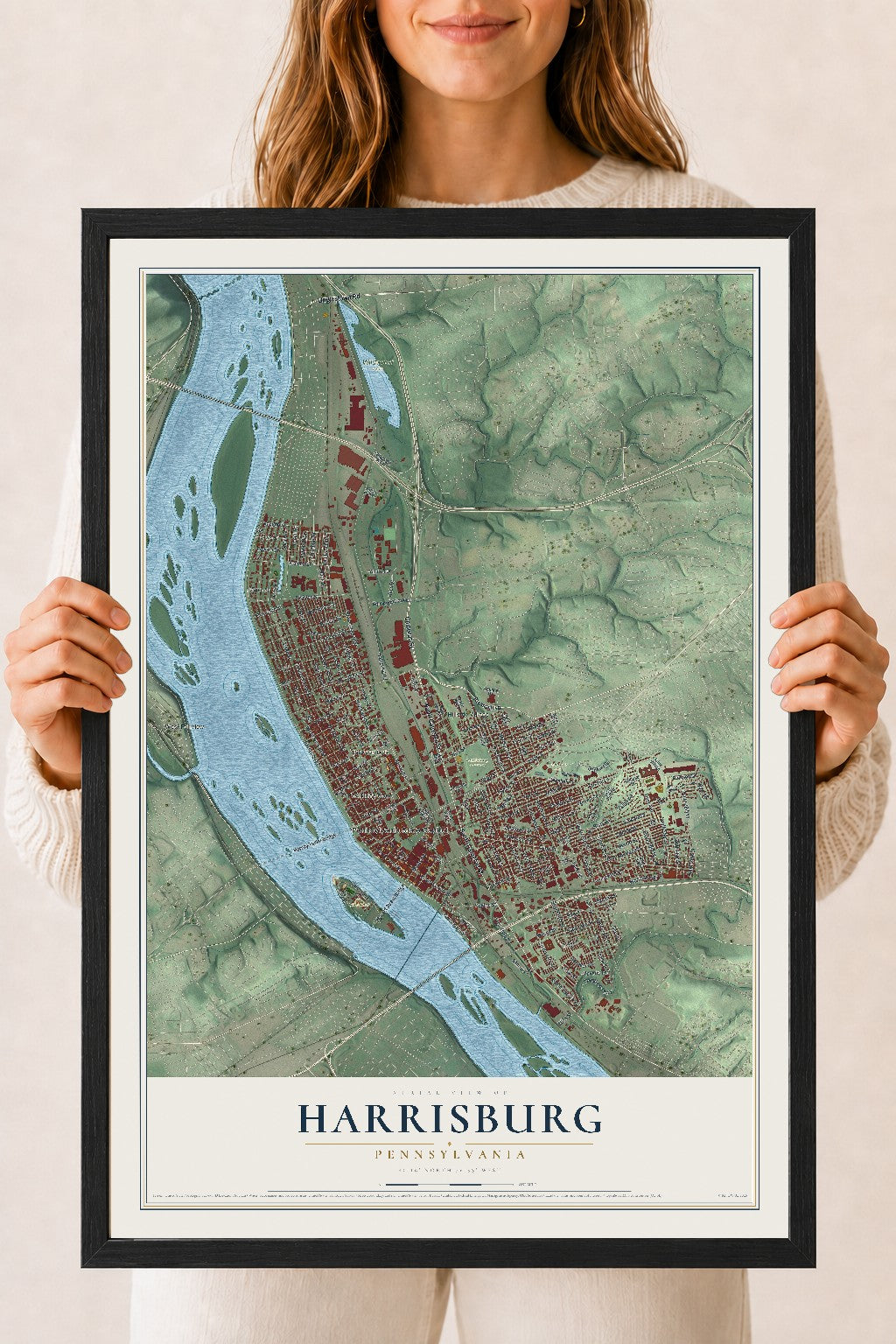 Map of Harrisburg, Pennsylvania, 18 x 24 inch print in a black wood frame