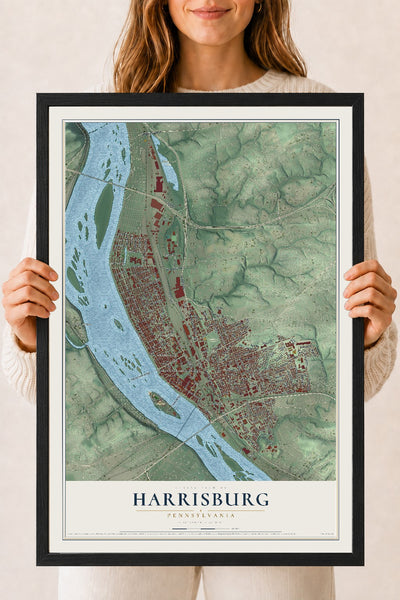 Map of Harrisburg, Pennsylvania, 18 x 24 inch print in a black wood frame
