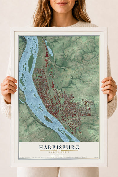 Map of Harrisburg, Pennsylvania, 18 x 24 inch print in a white wood frame