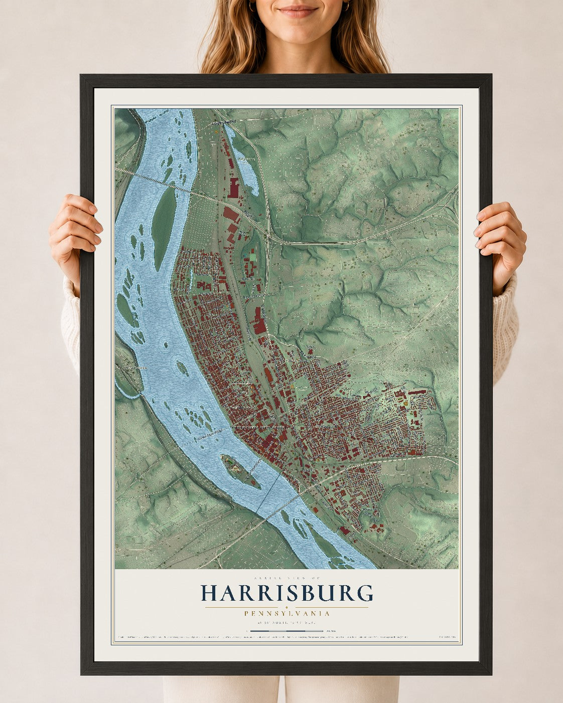Map of Harrisburg, Pennsylvania, 24 x 36 inch print in a black wood frame