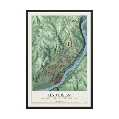 Map of Harrison, Allegheny County, Pennsylvania, 12 x 18 inch print in a black wood frame