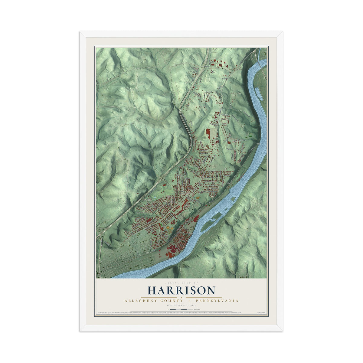 Map of Harrison, Allegheny County, Pennsylvania, 12 x 18 inch print in a white wood frame