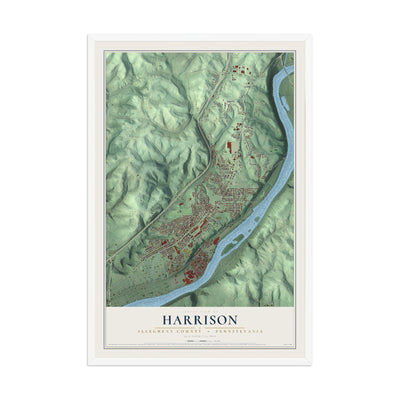Map of Harrison, Allegheny County, Pennsylvania, 12 x 18 inch print in a white wood frame