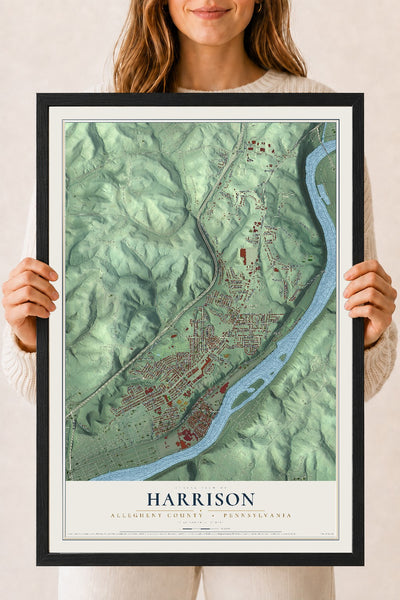 Map of Harrison, Allegheny County, Pennsylvania, 18 x 24 inch print in a black wood frame