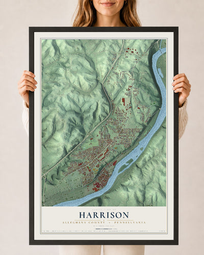 Map of Harrison, Allegheny County, Pennsylvania, 24 x 36 inch print in a black wood frame