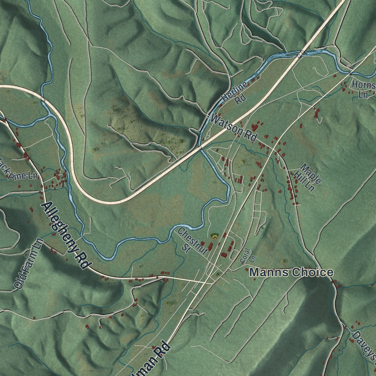 Close-up of the map of Harrison, Bedford County, Pennsylvania print showing street and building detail