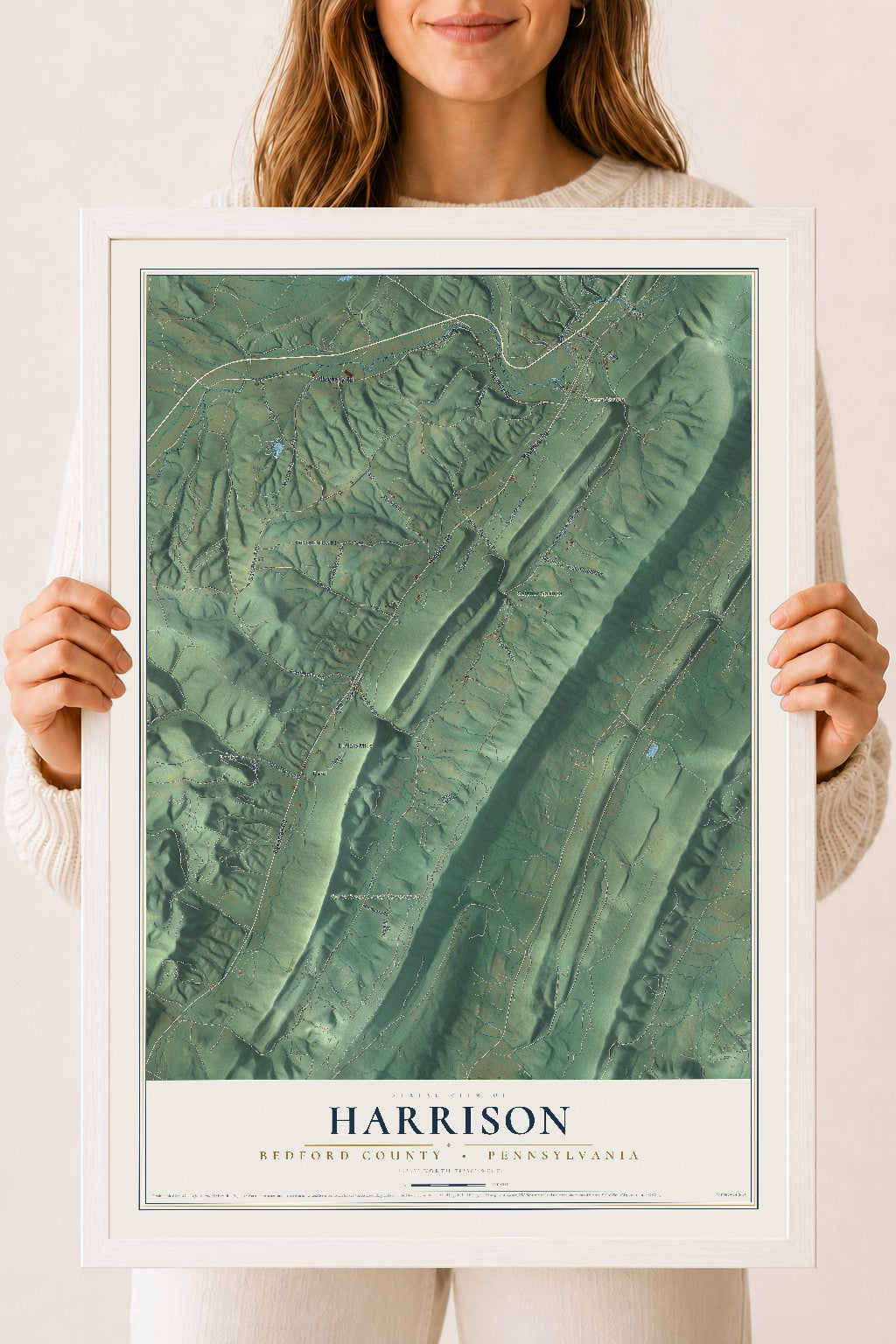 Map of Harrison, Bedford County, Pennsylvania, 18 x 24 inch print in a white wood frame