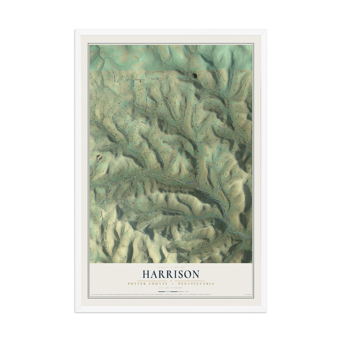 Map of Harrison, Potter County, Pennsylvania, 12 x 18 inch print in a white wood frame