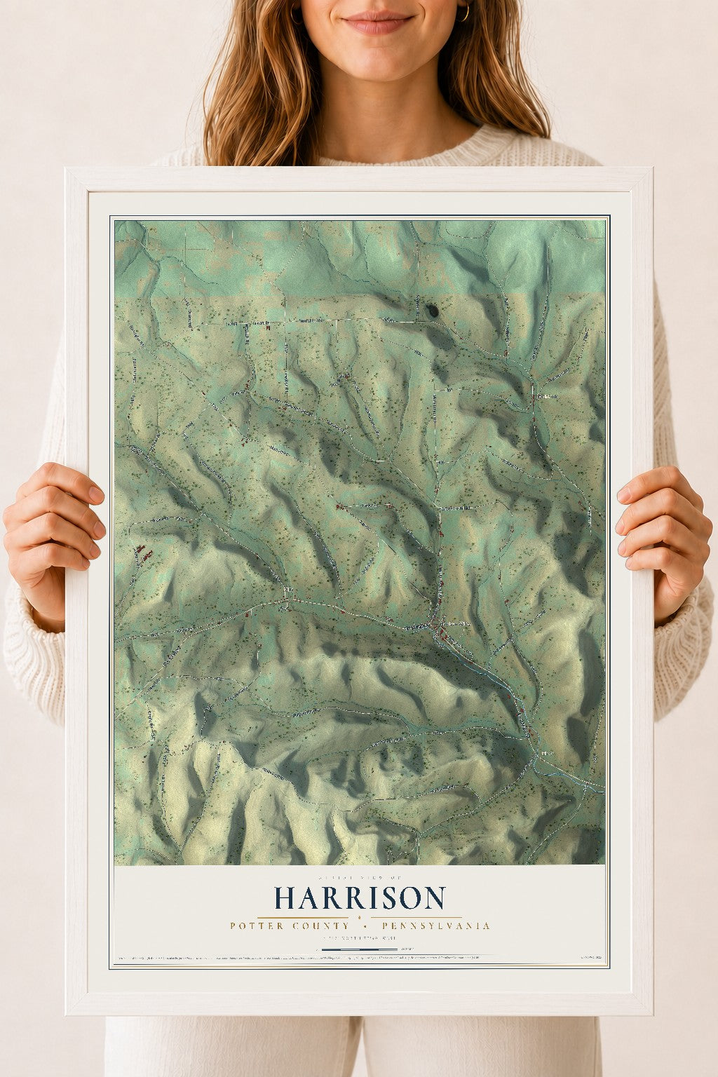Map of Harrison, Potter County, Pennsylvania, 18 x 24 inch print in a white wood frame