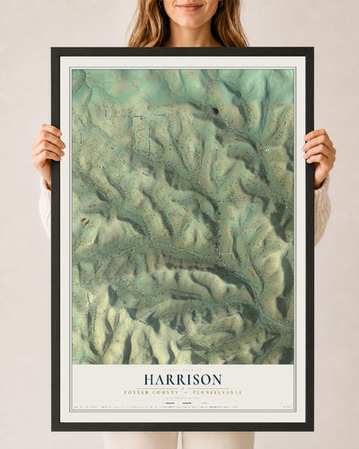 Map of Harrison, Potter County, Pennsylvania, 24 x 36 inch print in a black wood frame
