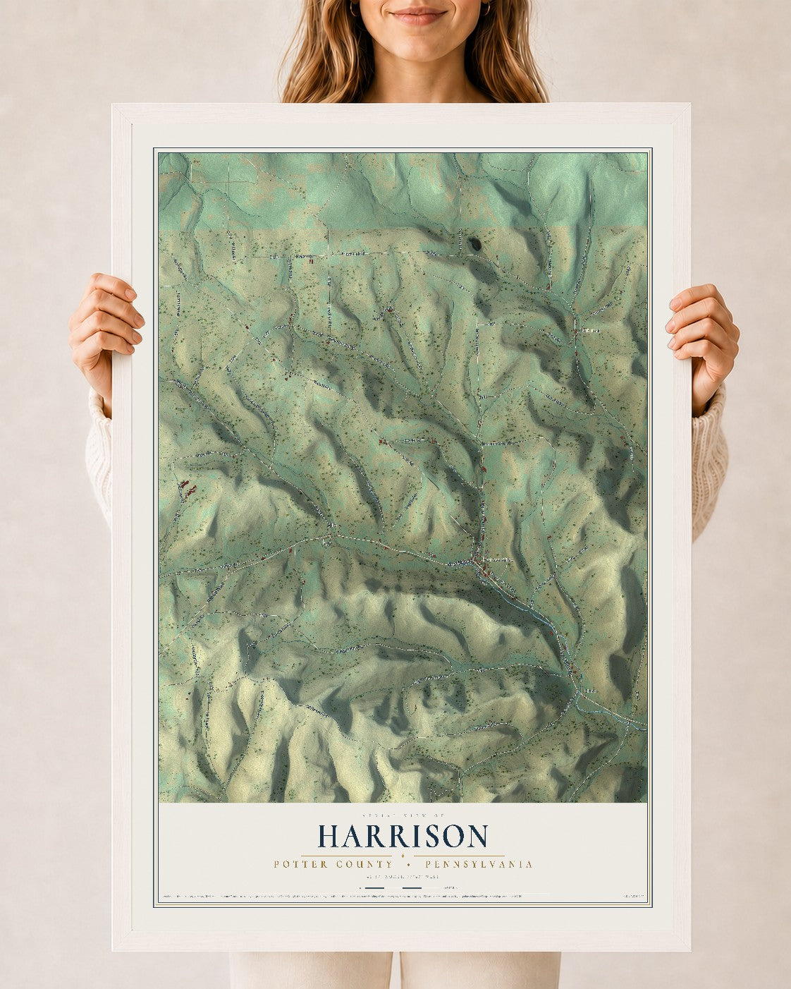 Map of Harrison, Potter County, Pennsylvania, 24 x 36 inch print in a white wood frame