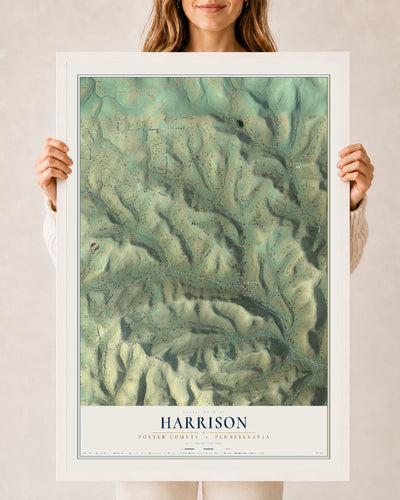 Map of Harrison, Potter County, Pennsylvania, 24 x 36 inch print in a white wood frame