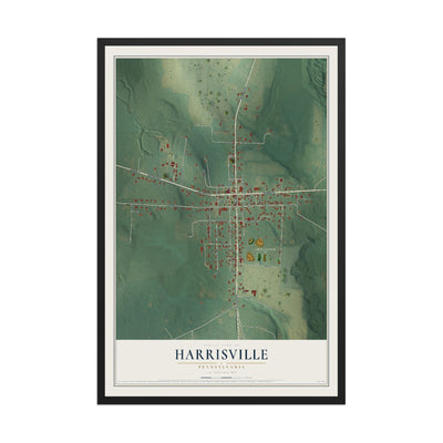 Map of Harrisville, Pennsylvania, 12 x 18 inch print in a black wood frame