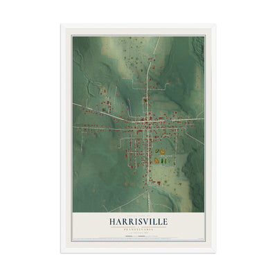 Map of Harrisville, Pennsylvania, 12 x 18 inch print in a white wood frame