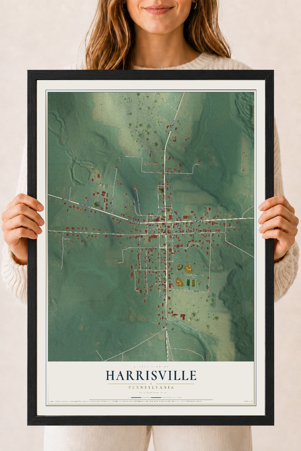 Map of Harrisville, Pennsylvania, 18 x 24 inch print in a black wood frame