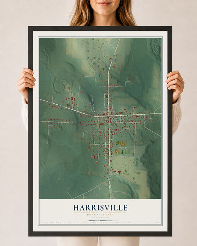 Map of Harrisville, Pennsylvania, 24 x 36 inch print in a black wood frame