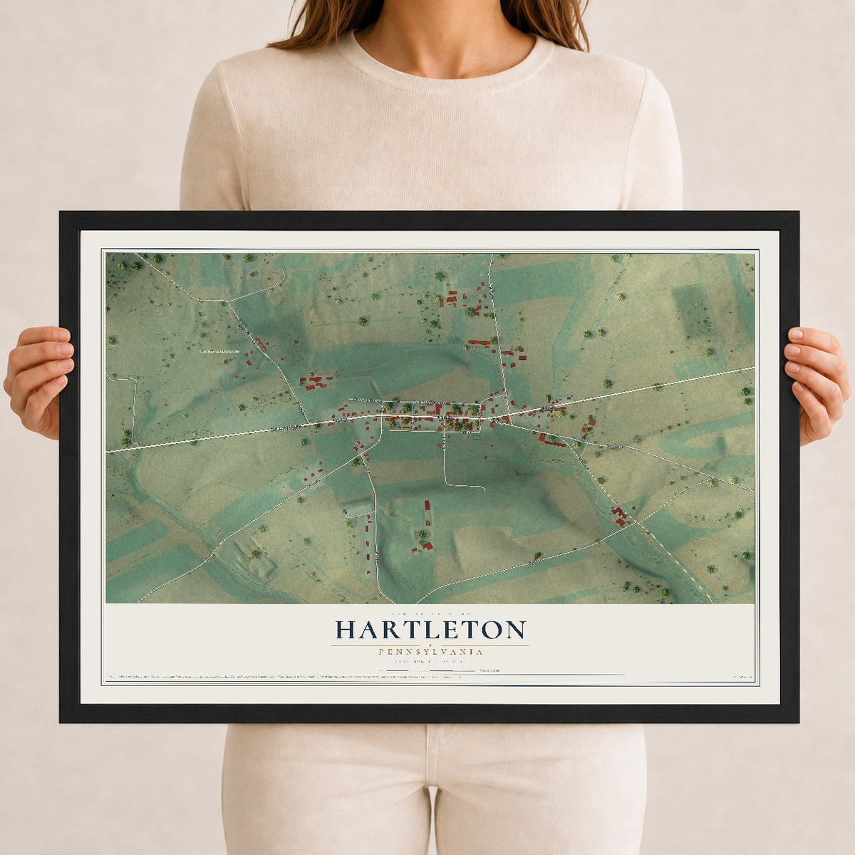 Map of Hartleton, Pennsylvania, 12 x 18 inch print in a black wood frame