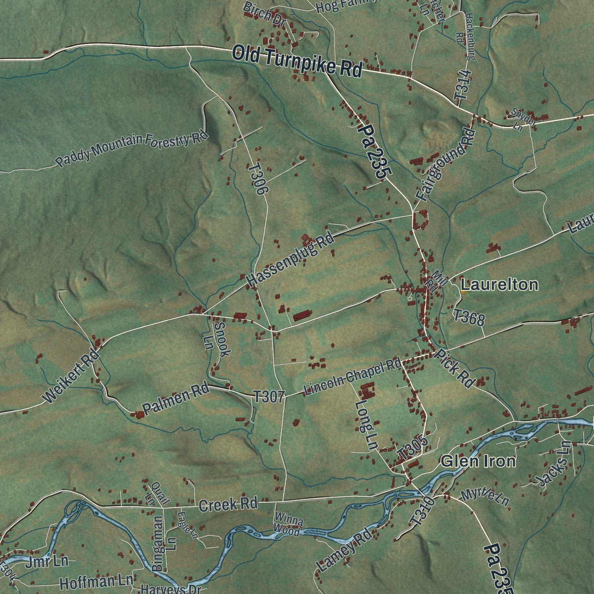 Close-up of the map of Hartley, Pennsylvania print showing street and building detail