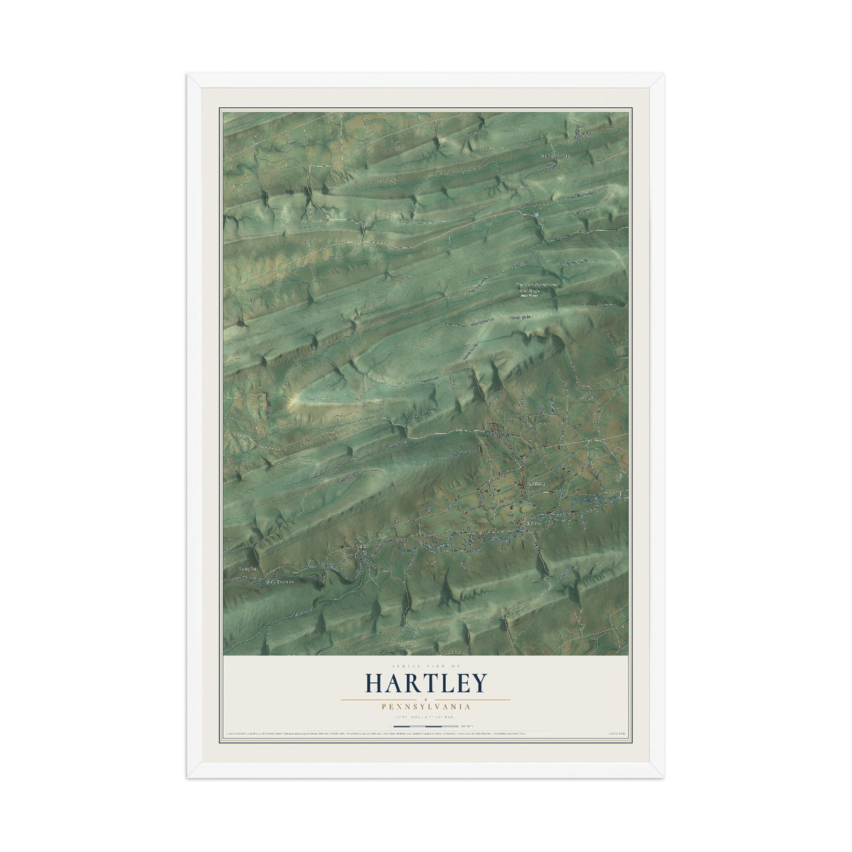 Map of Hartley, Pennsylvania, 12 x 18 inch print in a white wood frame