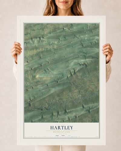 Map of Hartley, Pennsylvania, 24 x 36 inch print in a white wood frame