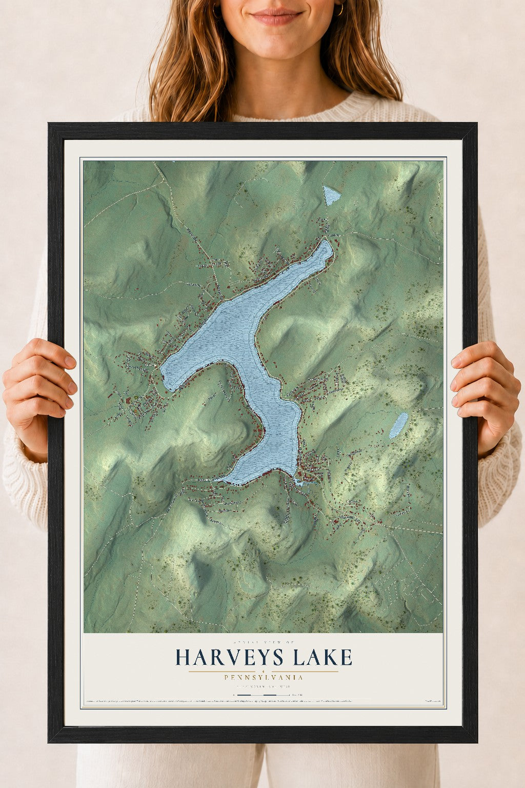 Map of Harveys Lake, Pennsylvania, 18 x 24 inch print in a black wood frame