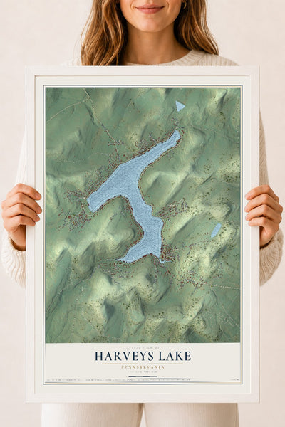 Map of Harveys Lake, Pennsylvania, 18 x 24 inch print in a white wood frame