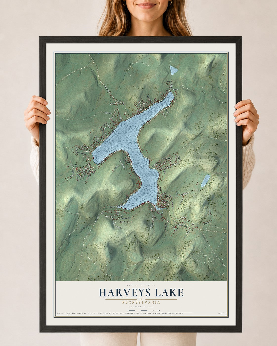 Map of Harveys Lake, Pennsylvania, 24 x 36 inch print in a black wood frame
