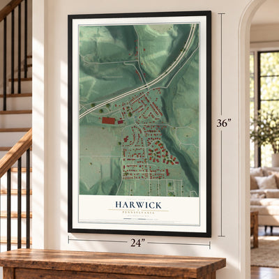 Harwick, Pennsylvania map, 24 x 36 inch print in a black frame by a staircase