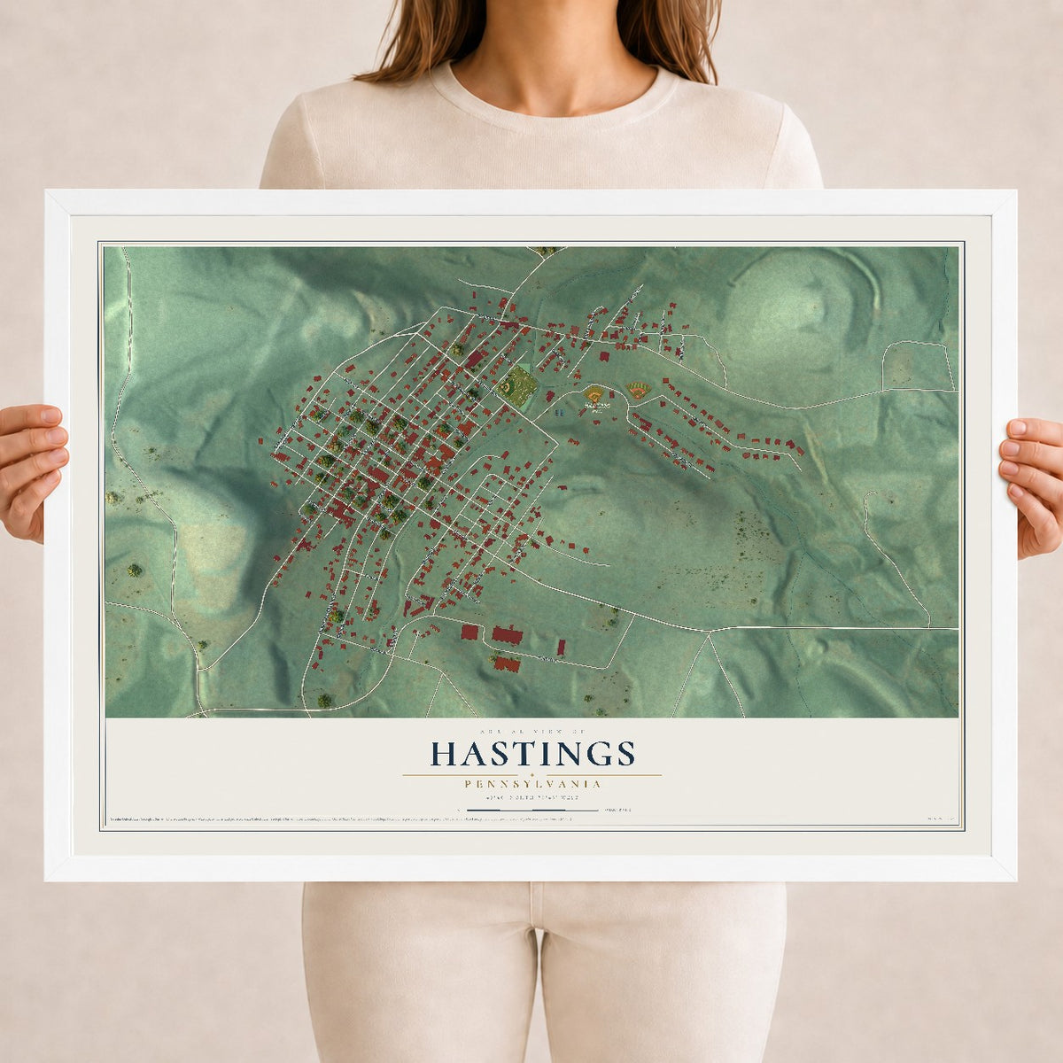 Map of Hastings, Pennsylvania, 18 x 24 inch print in a white wood frame