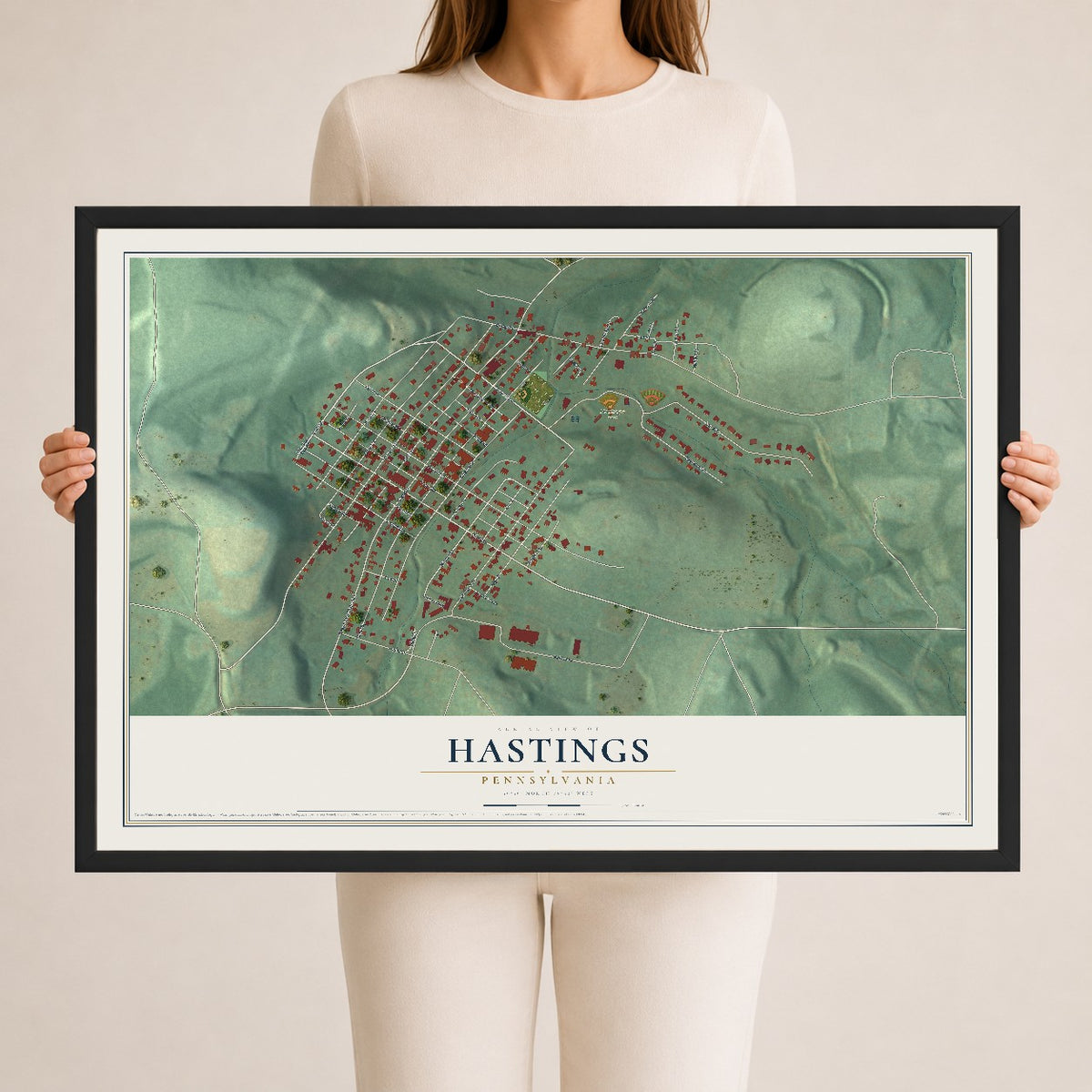 Map of Hastings, Pennsylvania, 24 x 36 inch print in a black wood frame