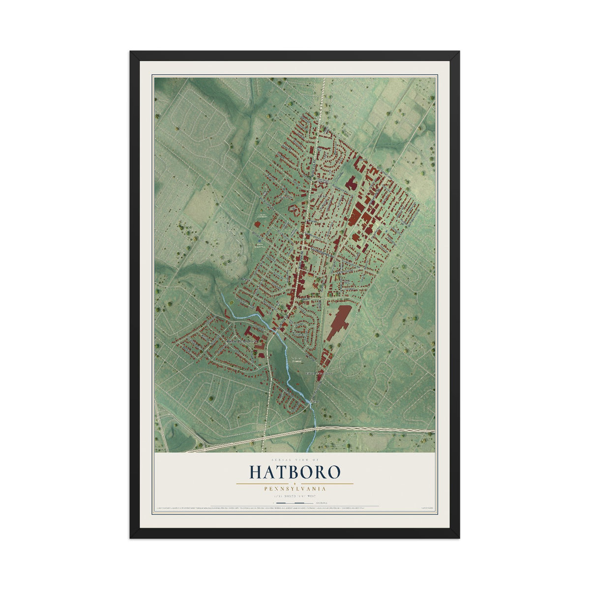 Map of Hatboro, Pennsylvania, 12 x 18 inch print in a black wood frame