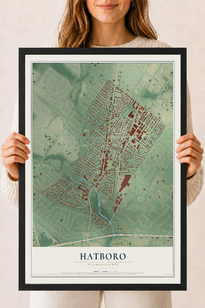 Map of Hatboro, Pennsylvania, 18 x 24 inch print in a black wood frame