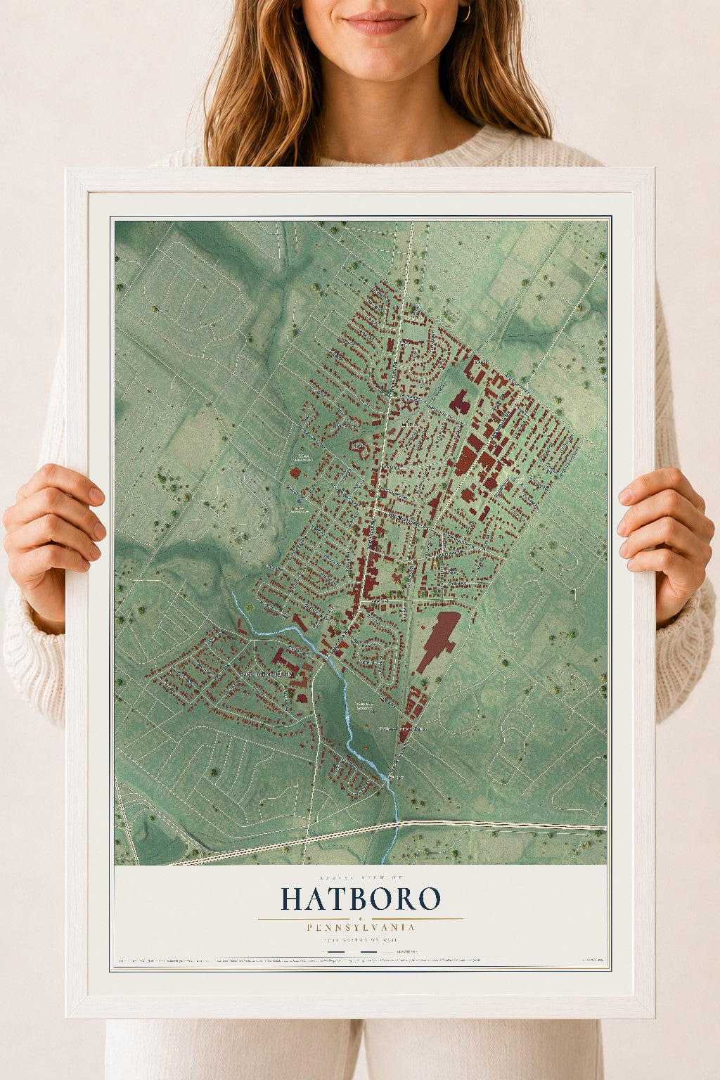 Map of Hatboro, Pennsylvania, 18 x 24 inch print in a white wood frame