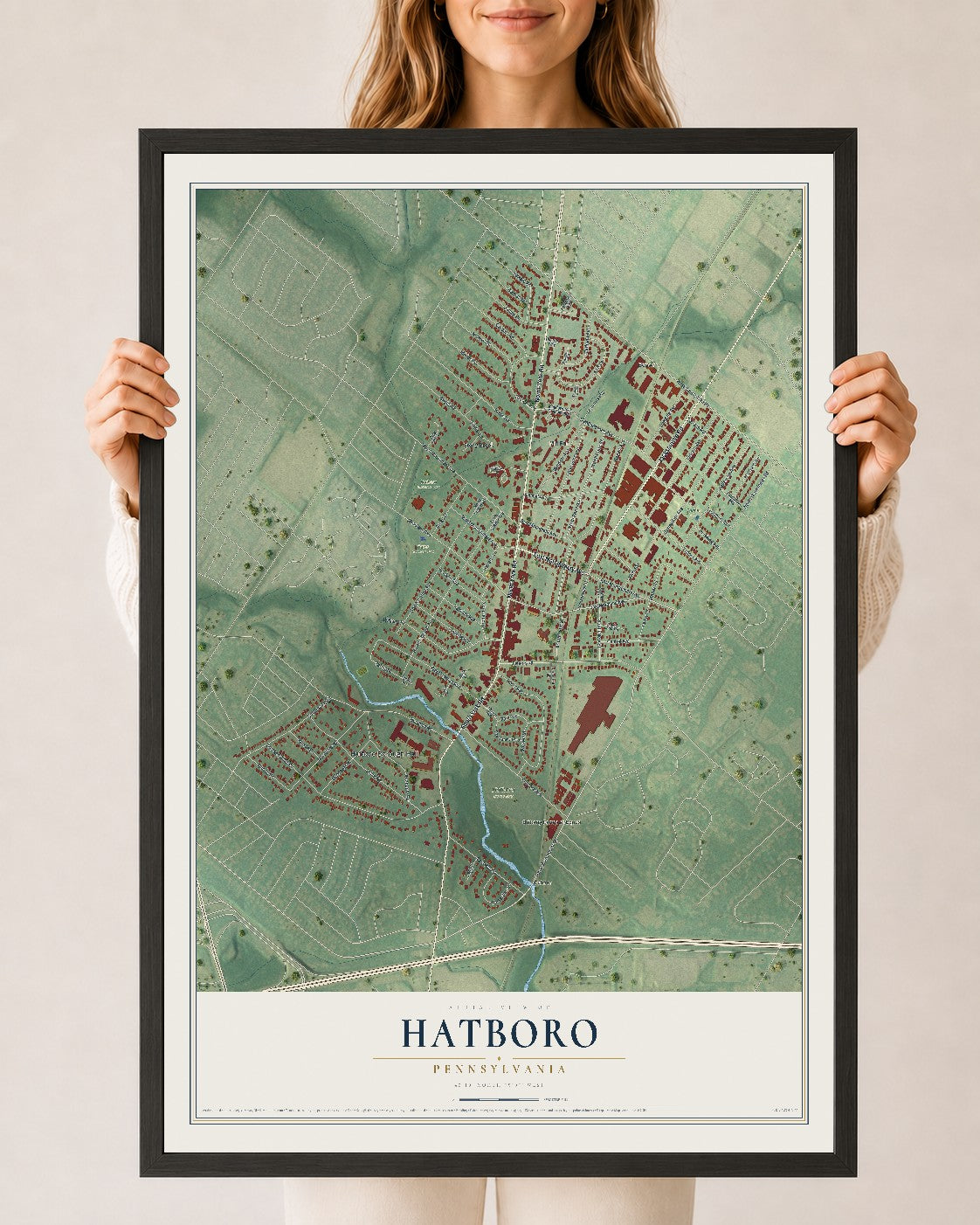 Map of Hatboro, Pennsylvania, 24 x 36 inch print in a black wood frame