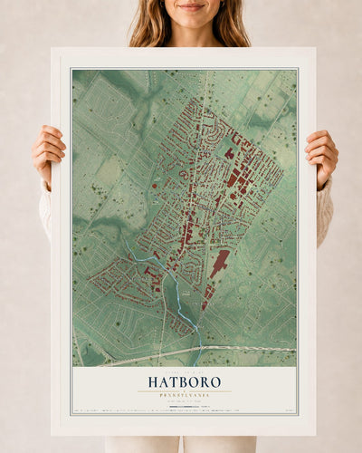 Map of Hatboro, Pennsylvania, 24 x 36 inch print in a white wood frame
