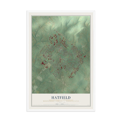 Map of Hatfield, Montgomery County, Pennsylvania, 12 x 18 inch print in a white wood frame