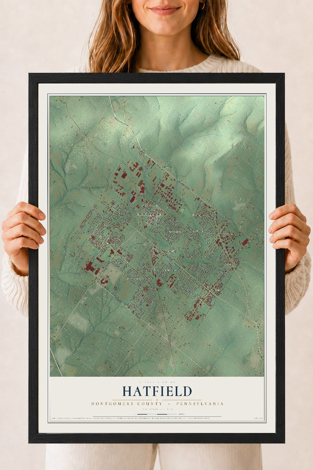 Map of Hatfield, Montgomery County, Pennsylvania, 18 x 24 inch print in a black wood frame
