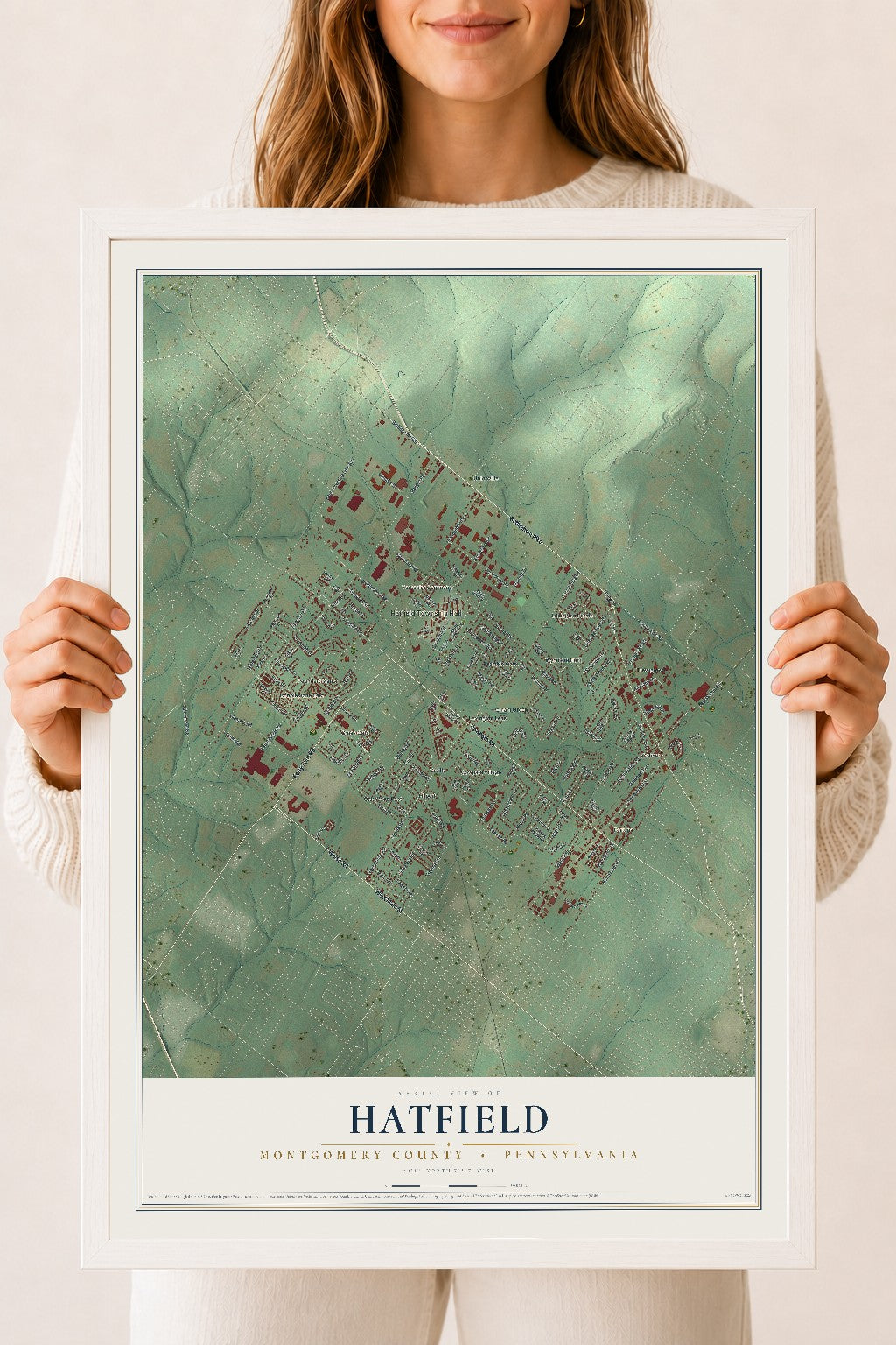 Map of Hatfield, Montgomery County, Pennsylvania, 18 x 24 inch print in a white wood frame