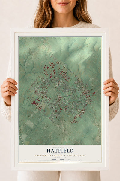Map of Hatfield, Montgomery County, Pennsylvania, 18 x 24 inch print in a white wood frame