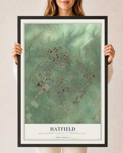 Map of Hatfield, Montgomery County, Pennsylvania, 24 x 36 inch print in a black wood frame