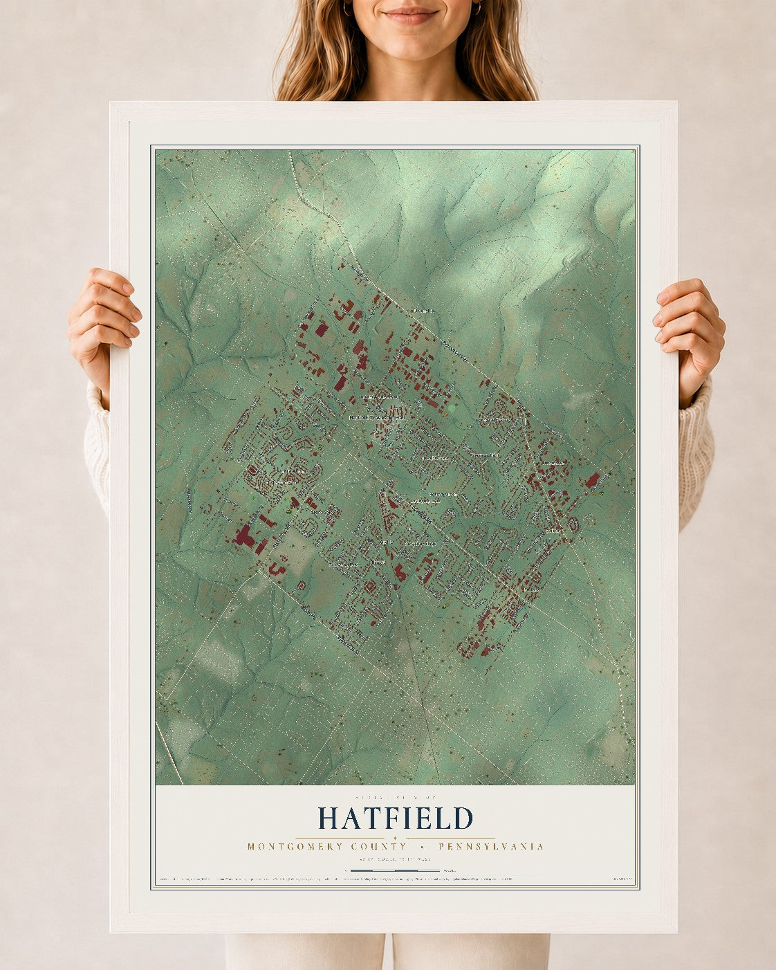 Map of Hatfield, Montgomery County, Pennsylvania, 24 x 36 inch print in a white wood frame