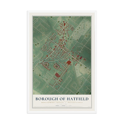 Map of the Borough of Hatfield, Montgomery County, Pennsylvania, 12 x 18 inch print in a white wood frame