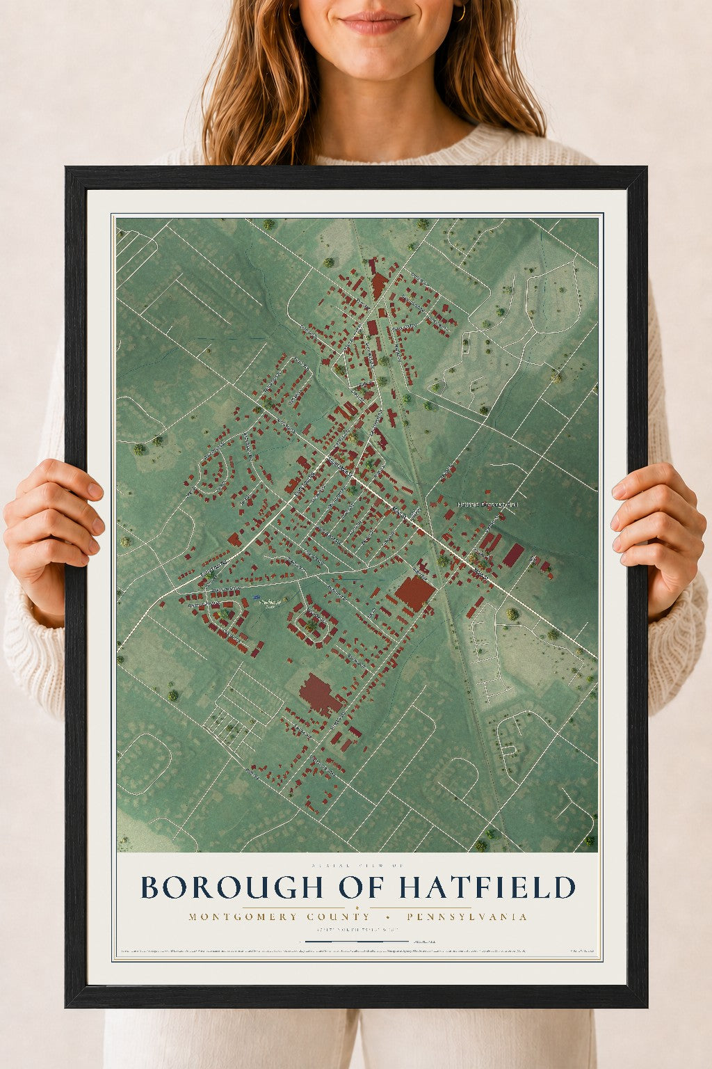 Map of the Borough of Hatfield, Montgomery County, Pennsylvania, 18 x 24 inch print in a black wood frame