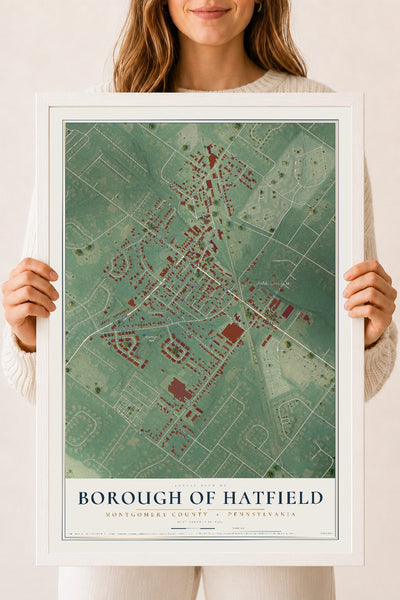 Map of the Borough of Hatfield, Montgomery County, Pennsylvania, 18 x 24 inch print in a white wood frame