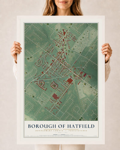 Map of the Borough of Hatfield, Montgomery County, Pennsylvania, 24 x 36 inch print in a white wood frame