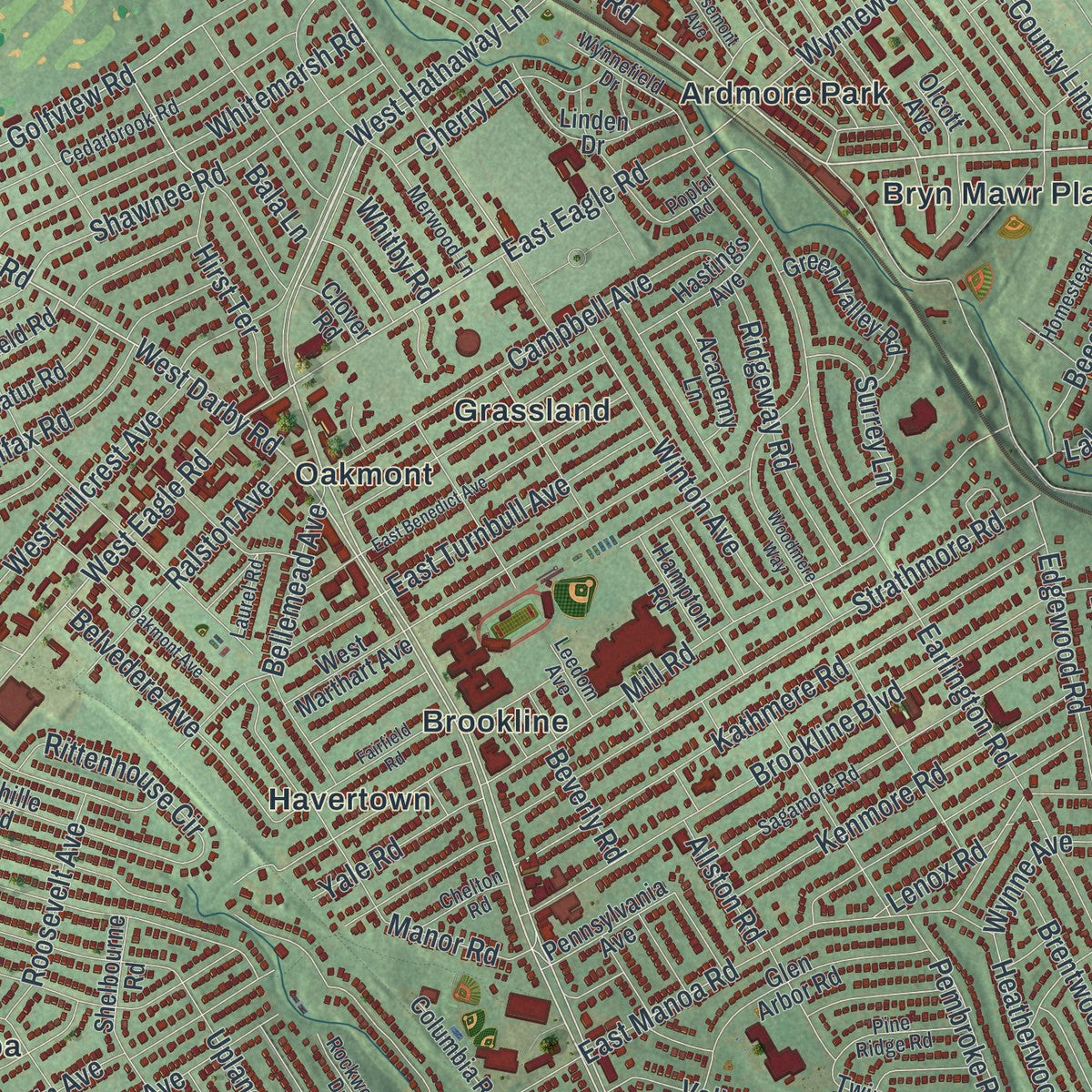 Close-up of the map of Haverford, Pennsylvania print showing street and building detail